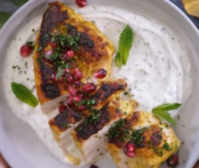 Curried Chicken Thighs with Pomegranate-Mint Sauce