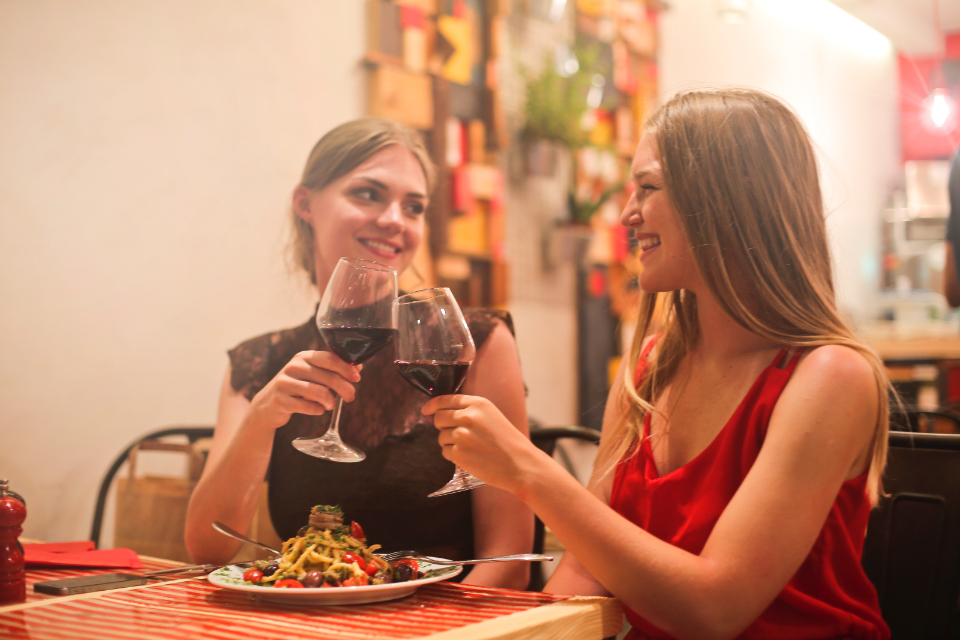 Two friends toasting with red wine over a shared dinner